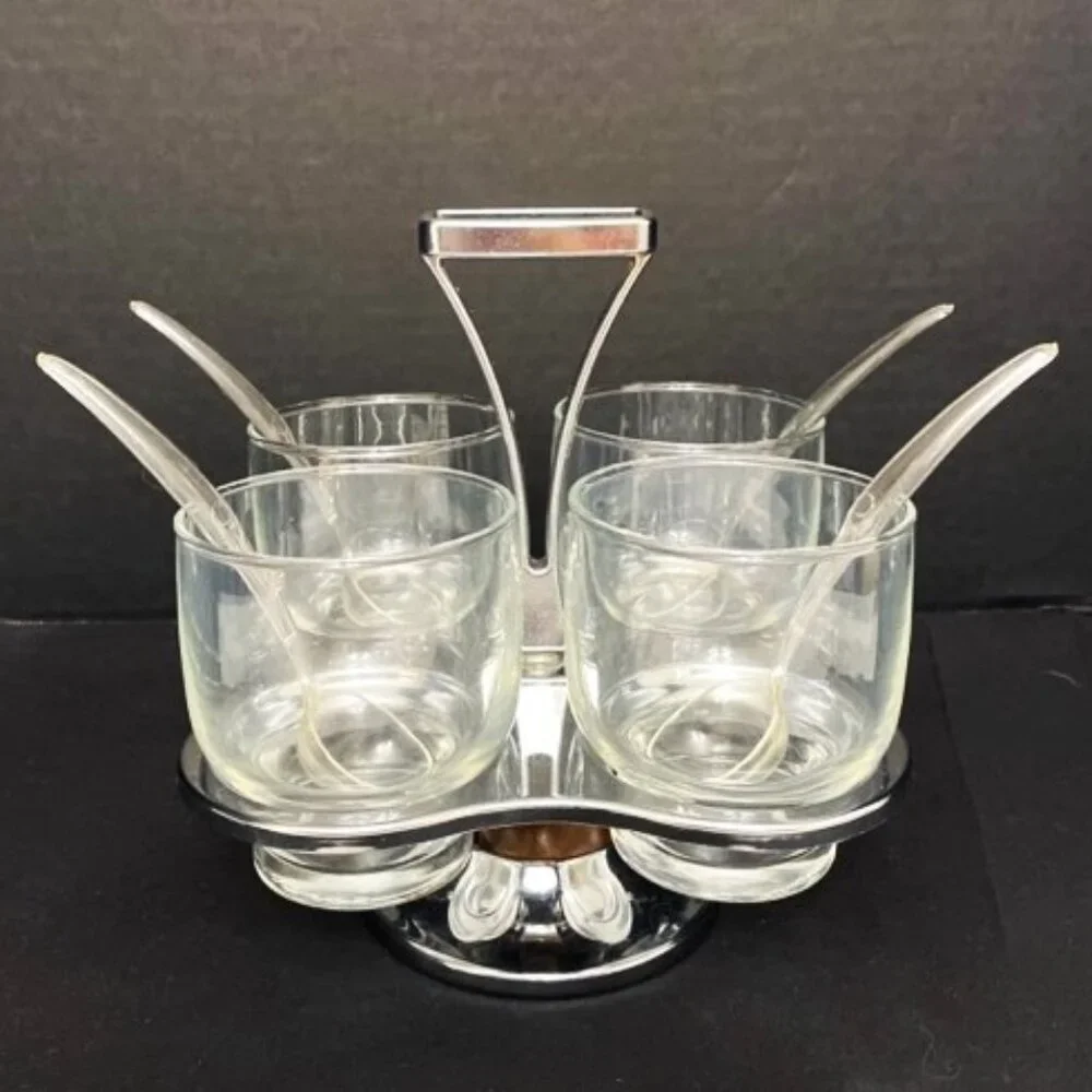 Vtg Milbern Glass Chrome Wood Relish Lazy Susan w/ Spoons & Box Retro‎ MCM Party
